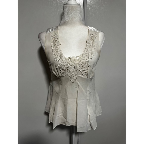 Tops - Vintage Sheer‎ Ivory Lace Embellished V Neck Sleeveless Peplum Top size Medium